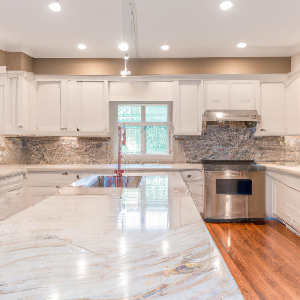 An image showcasing a modern, sleek kitchen and bathroom transformation