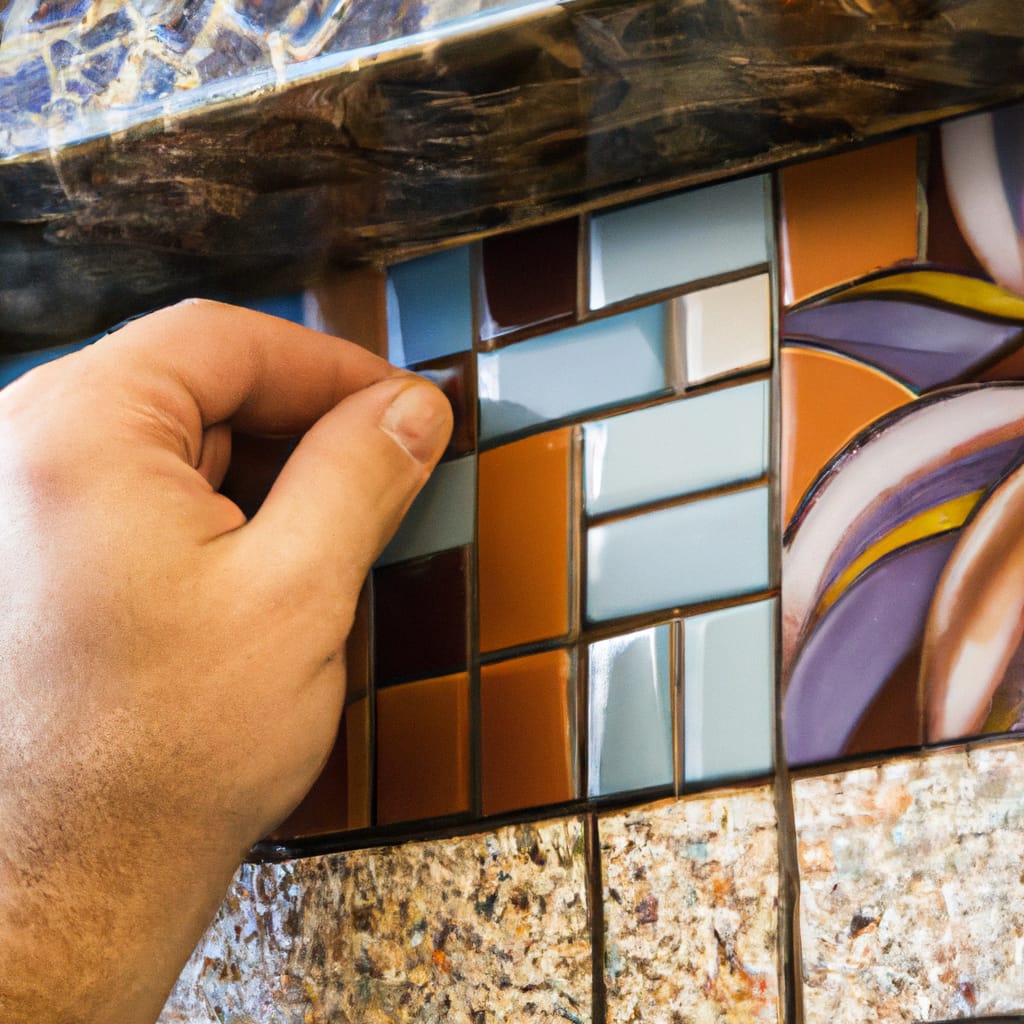 An image capturing a skilled artisan meticulously laying intricate mosaic tiles on a kitchen wall