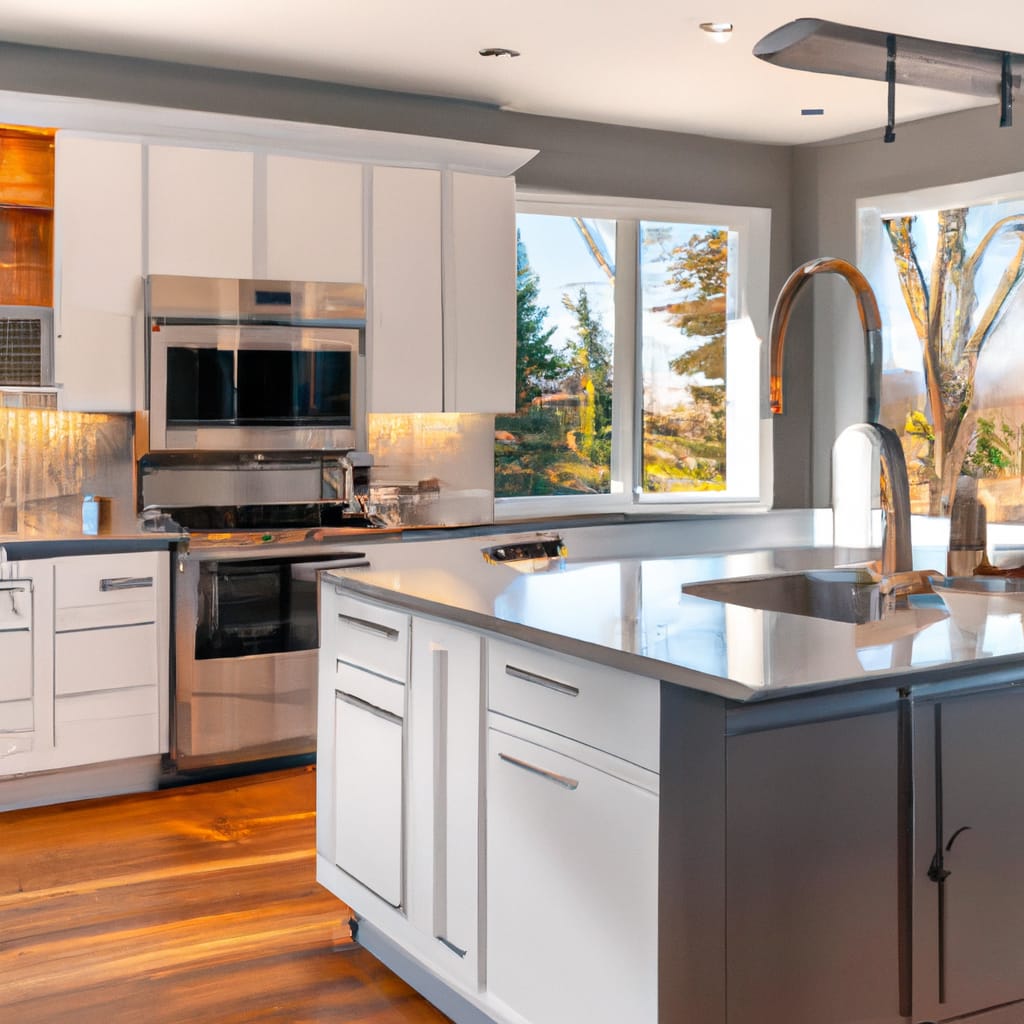 An image showcasing a stylish, modern kitchen with sleek countertops, state-of-the-art appliances, and abundant natural light pouring in through large windows